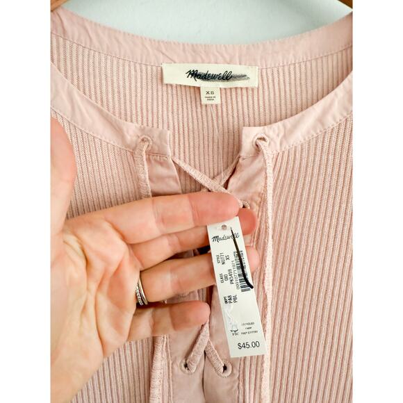 Madewell | NWT Ribbed Lace-Up Short-Sleeve Tee in Pale Blush | XS - Picture 5 of 8